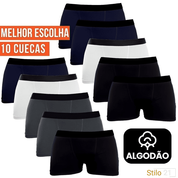 Kit 10 Cuecas Boxer Masculina Algodão Premium Lisas  [Frete Grátis]