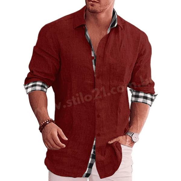 Camisa Casual Masculina Linho Manga Longa Com Estampa Xadrez Interna - Essential Linen